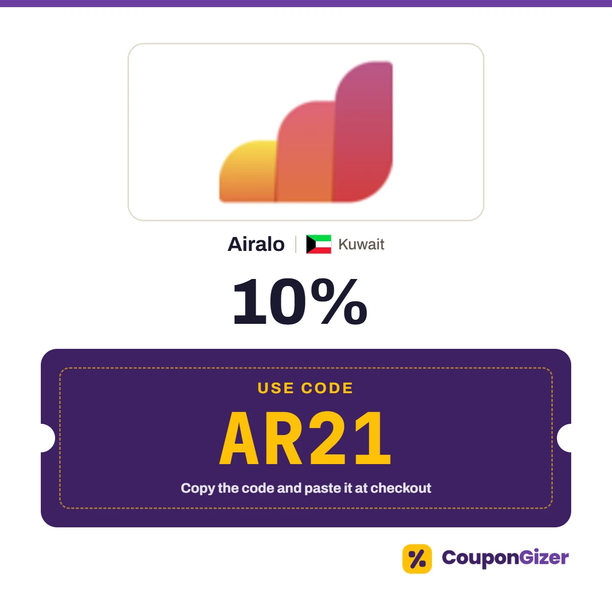Coupon code AR21 for Airalo Kuwait – 10% off Coupon code AR21 for Airalo Kuwait – 10% off
