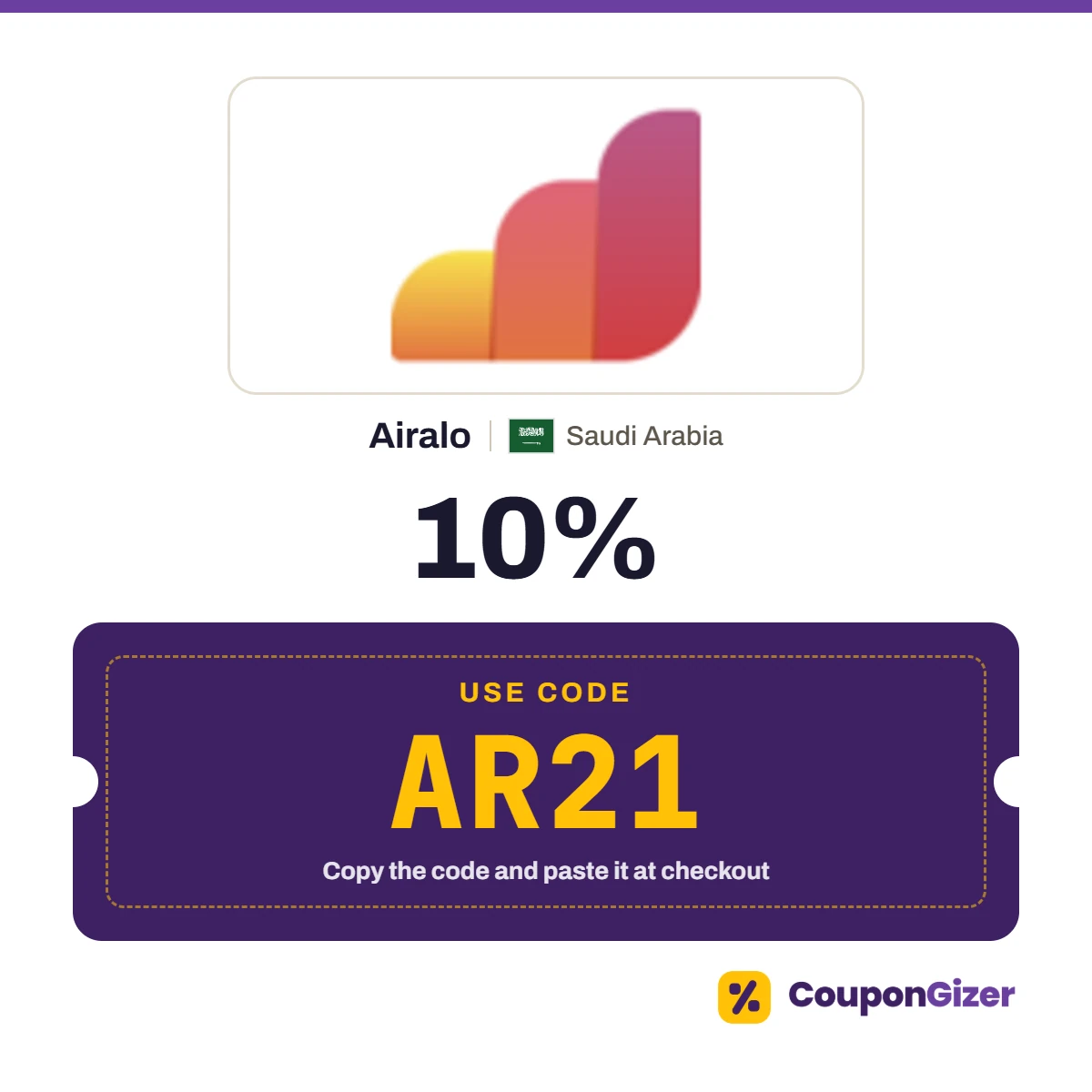 Coupon code AR21 for Airalo Saudi Arabia – 10% off Coupon code AR21 for Airalo Saudi Arabia – 10% off