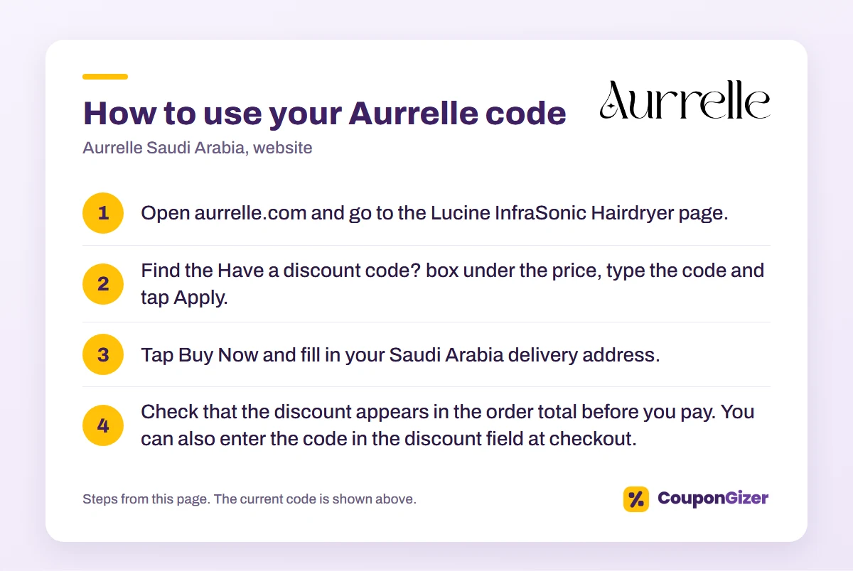 Aurrelle KSA code CC9: 10% off 1 How to use the Aurrelle Saudi Arabia discount code CC8: 4 steps