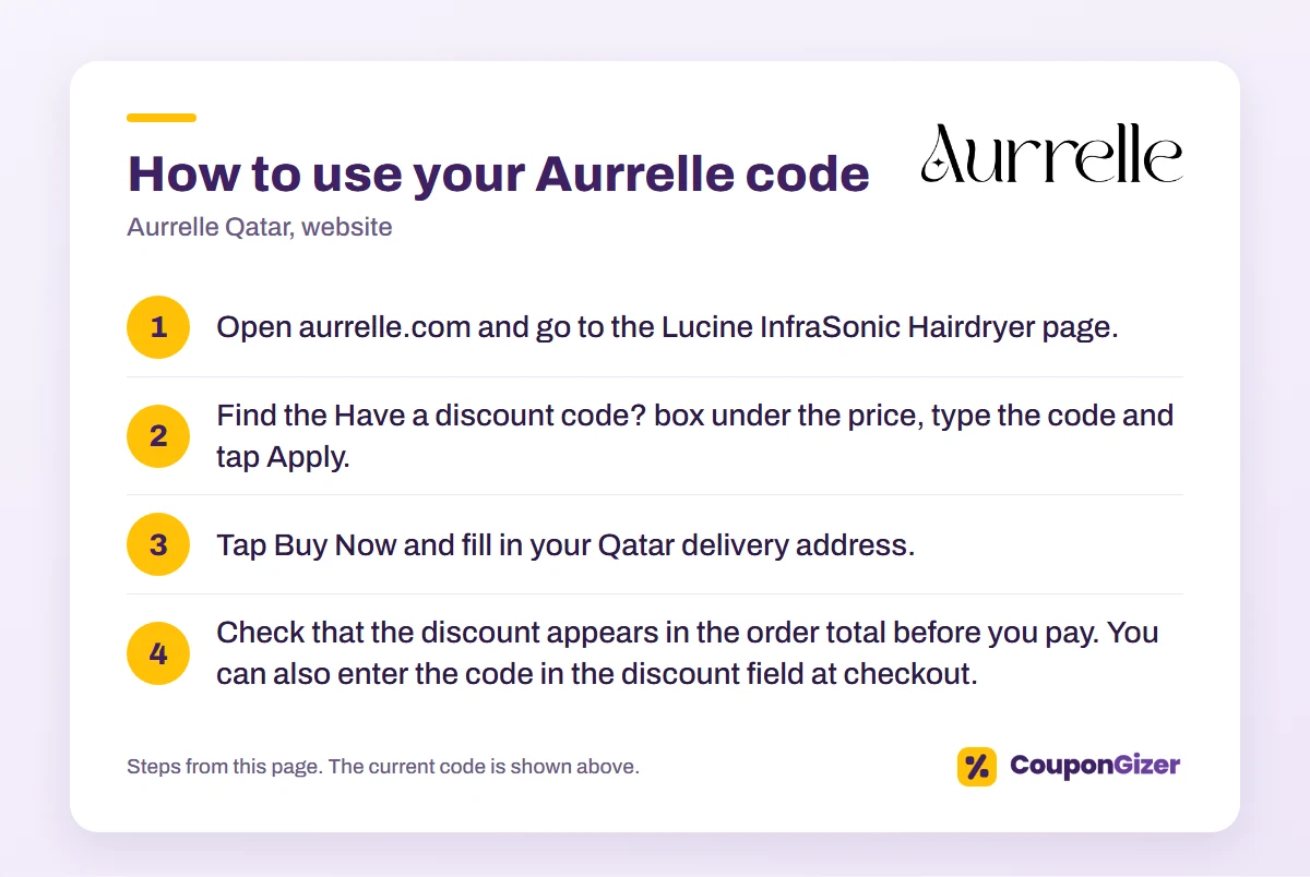 Aurrelle Qatar code CC9: 10% off 1 How to use the Aurrelle Qatar discount code CC8: 4 steps