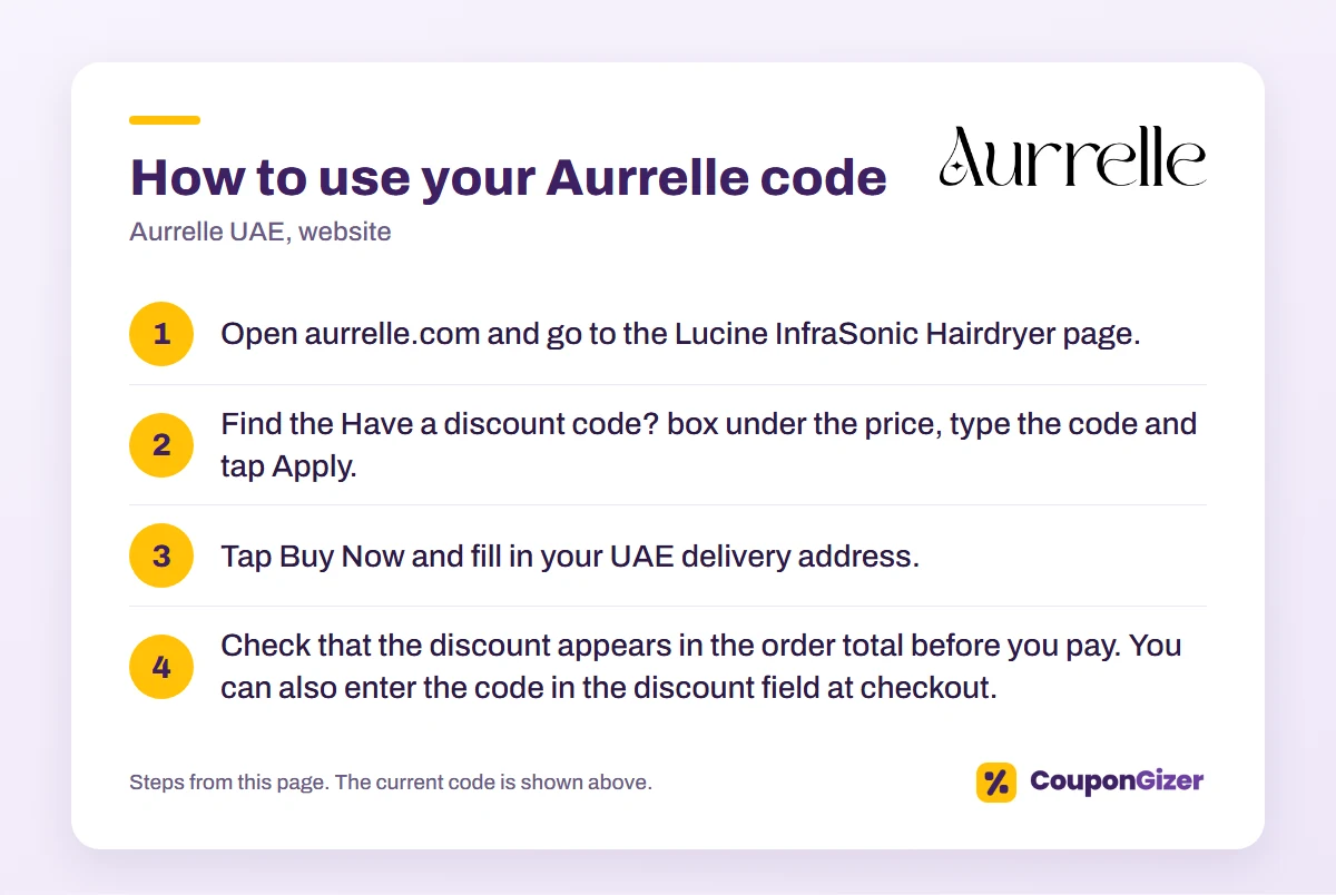 Aurrelle UAE code CC9: 10% off 1 How to use the Aurrelle UAE discount code CC8: 4 steps