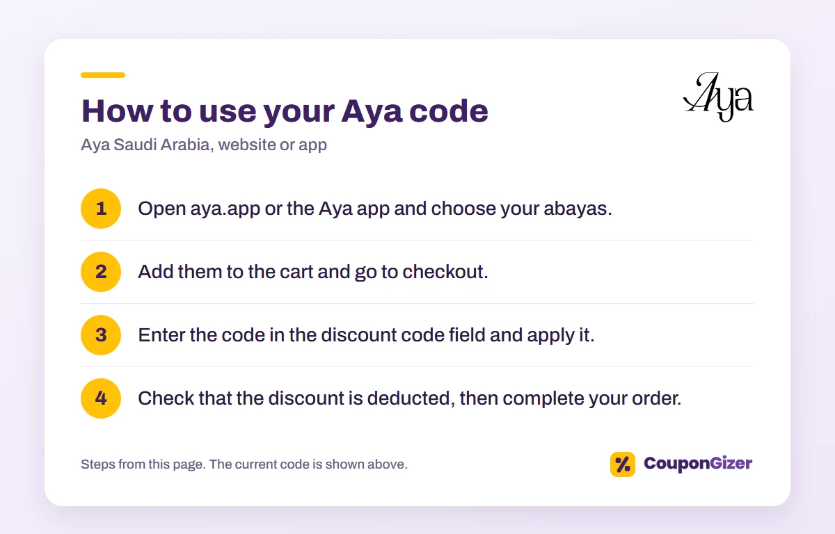 Aya (Mawsim) KSA Coupon Code M13: 10% Off 1 How to use the Aya Saudi Arabia discount code M13: 4 steps