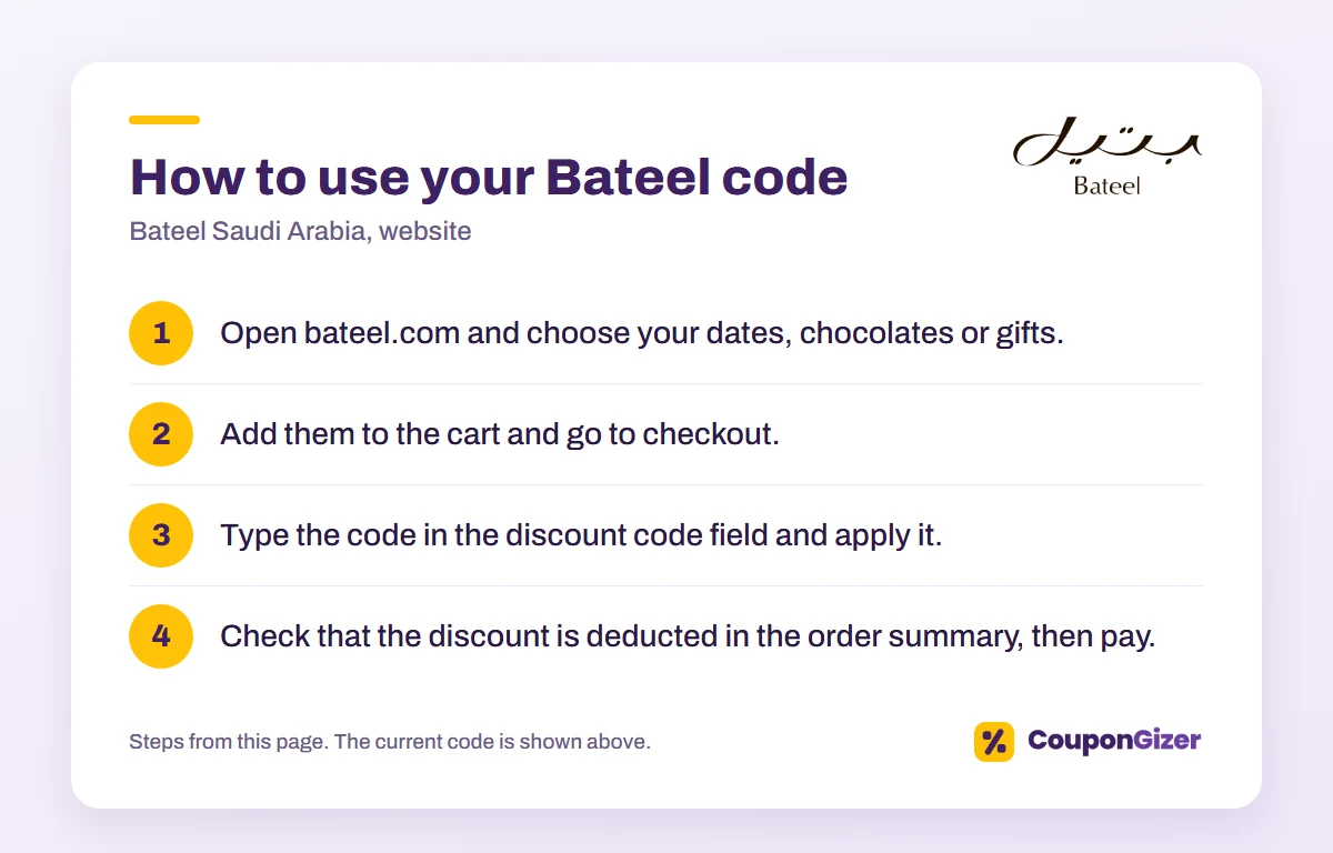 Bateel KSA Coupon Code A46: 15% Off 1 How to use the Bateel Saudi Arabia discount code A46: 4 steps