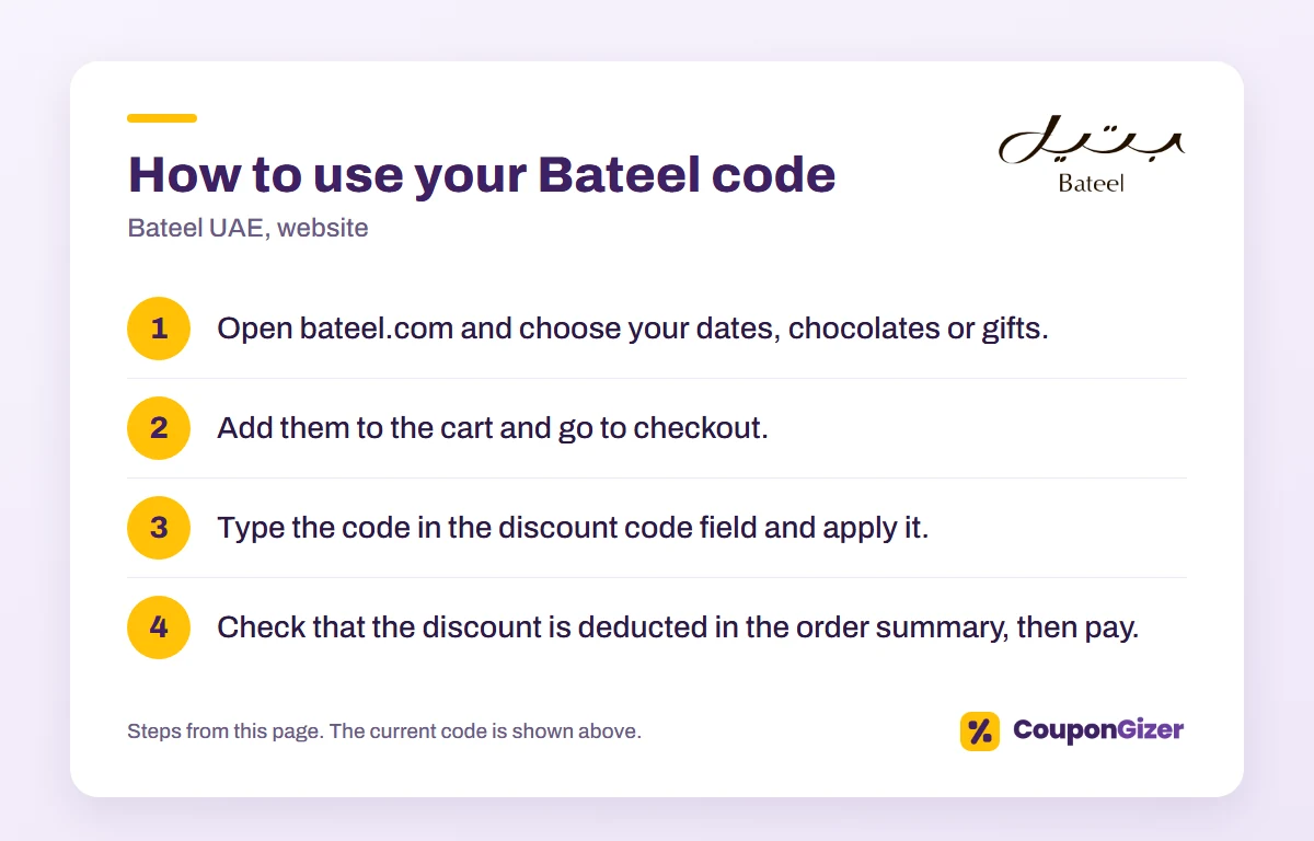 Bateel UAE Coupon Code A46: 10% Off 1 How to use the Bateel UAE discount code A46: 4 steps