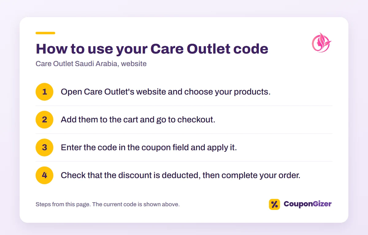 Care Outlet KSA Coupon Code A94: 5% Off 1 How to use the Care Outlet Saudi Arabia discount code A94: 4 steps