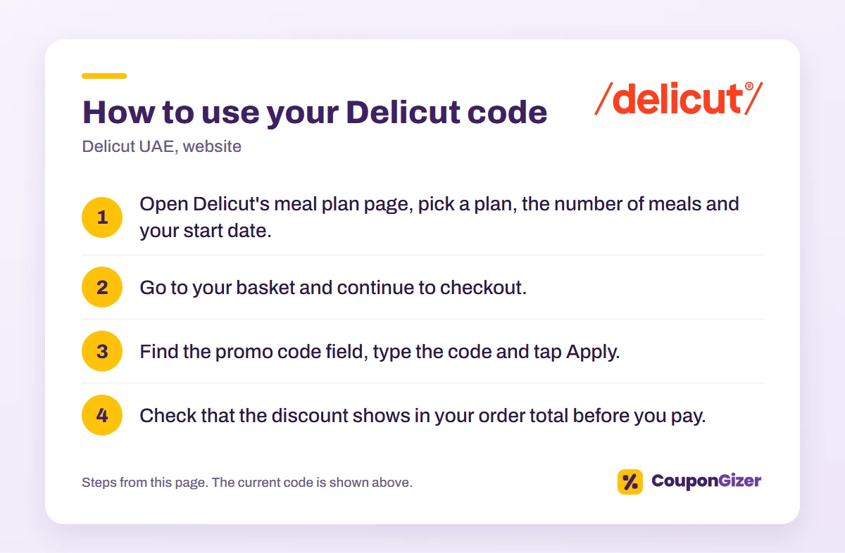Delicut code D118: 20% off new customers, 5% existing 1 How to use the Delicut UAE discount code D118: 4 steps