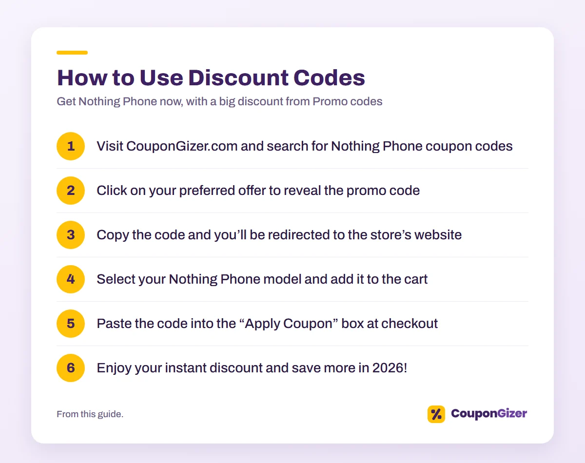 Get Nothing Phone now, with a big discount from CouponGizer Promo codes 3 How to Use Discount Codes: Get Nothing Phone now, with a big discount from Promo codes