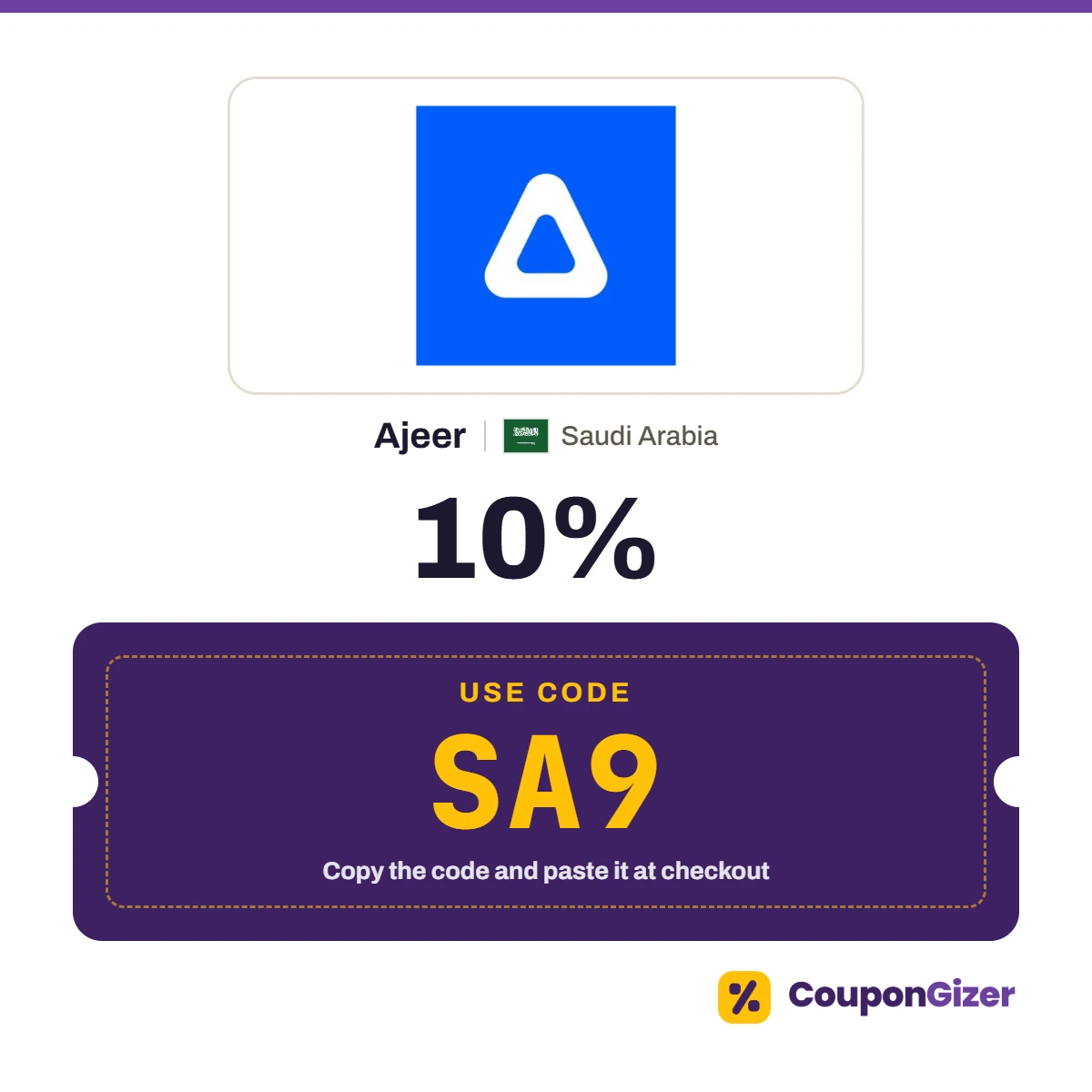 Coupon code SA9 for Ajeer Saudi Arabia – 10% off Coupon code SA9 for Ajeer Saudi Arabia – 10% off