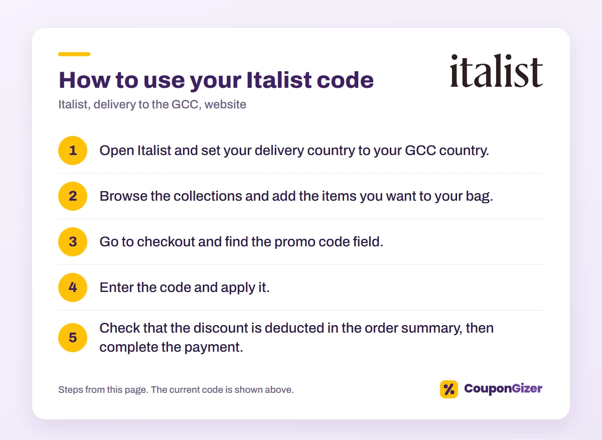 Italist Promo Code TT13: 10% Off Sitewide 1 How to use the Italist GCC promo code TT13 or TT14: 5 steps