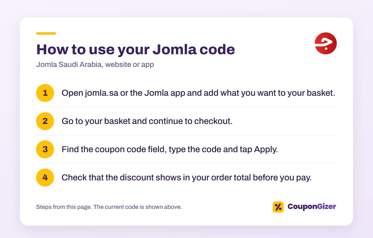 Jomla KSA code JM47: AED 5 off, applied in SAR 1 How to use the Jomla Saudi Arabia discount code JM47: 4 steps