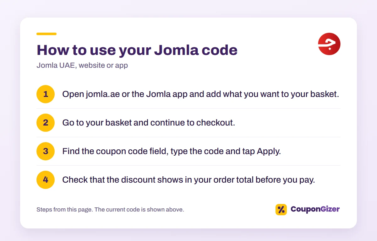 Jomla UAE code JM47: AED 5 off 1 How to use the Jomla UAE discount code JM47: 4 steps