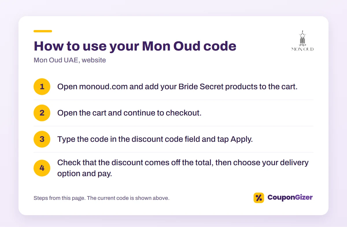Mon Oud UAE code CC7: 10% off 1 How to use the Mon Oud UAE discount code CC6: 4 steps