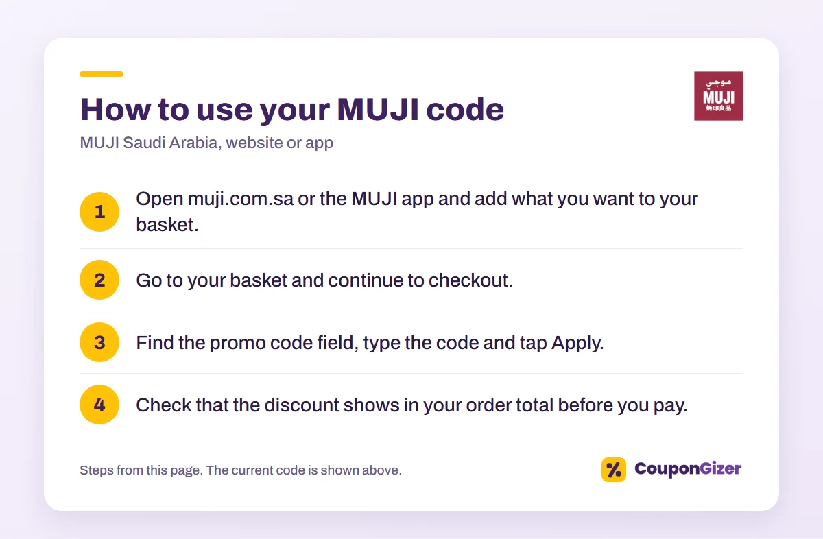 MUJI KSA code A0111: 10% off full-price items 1 How to use the MUJI Saudi Arabia promo code A0111: 4 steps