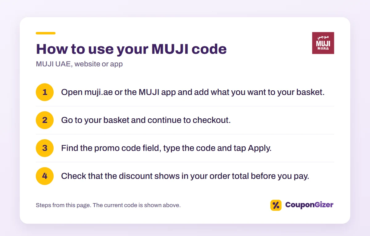 MUJI UAE code A0111: 10% off full-price items 1 How to use the MUJI UAE promo code A0111: 4 steps