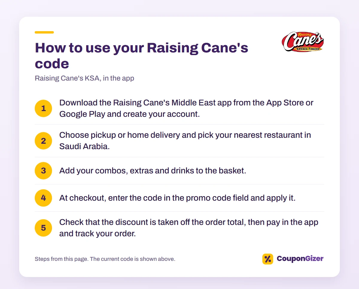 Raising Cane's KSA Coupon Code A31AXMVS: 40% Off First Order 1 How to use the Raising Cane's KSA coupon code A29XS3FA or A31AXMVS: 5 steps