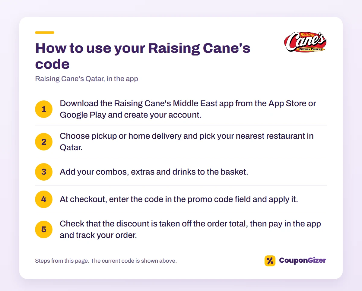 Raising Cane's Qatar Coupon Code A31AXMVS: 40% Off First Order 1 How to use the Raising Cane's Qatar coupon code A29XS3FA or A31AXMVS: 5 steps