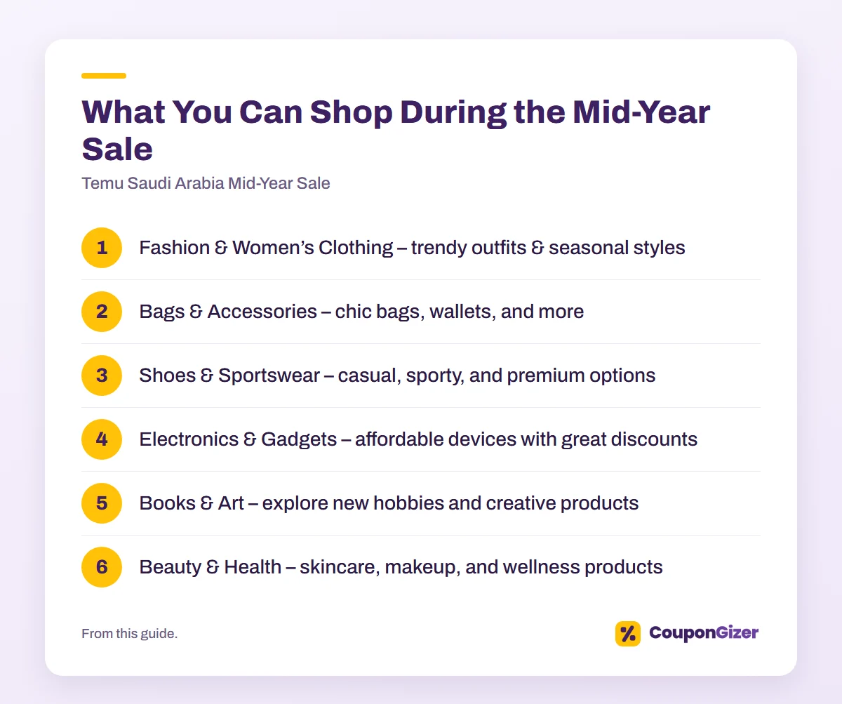 🎉 Temu Saudi Arabia Mid-Year Sale – Save with Coupon TEA57 🛍️ 3 What You Can Shop During the Mid-Year Sale – Temu Saudi Arabia Mid-Year Sale