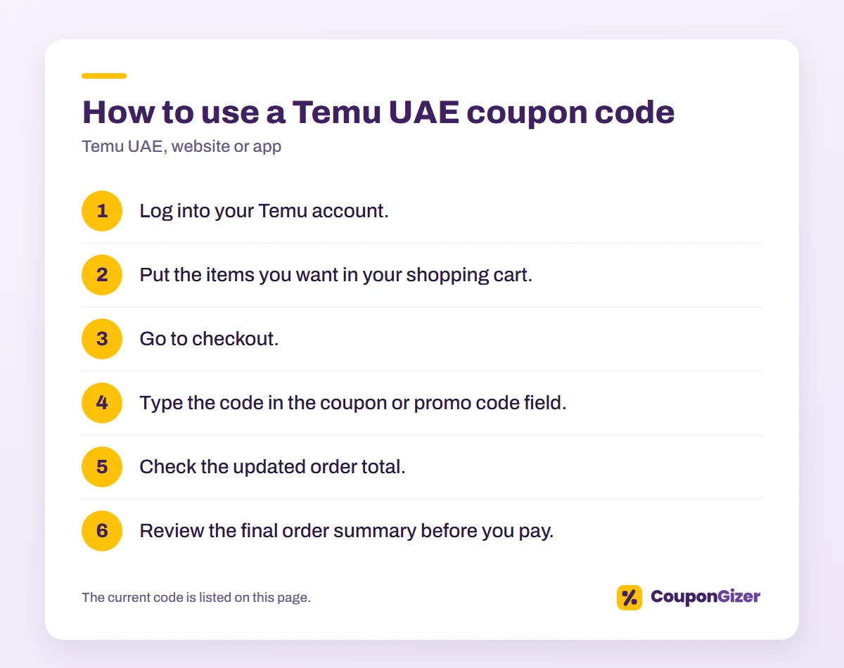 🛍️ Temu UAE Coupon Code 2026 – Get 30% OFF on Everything ✨ 1 How to use a Temu UAE coupon code in 6 steps
