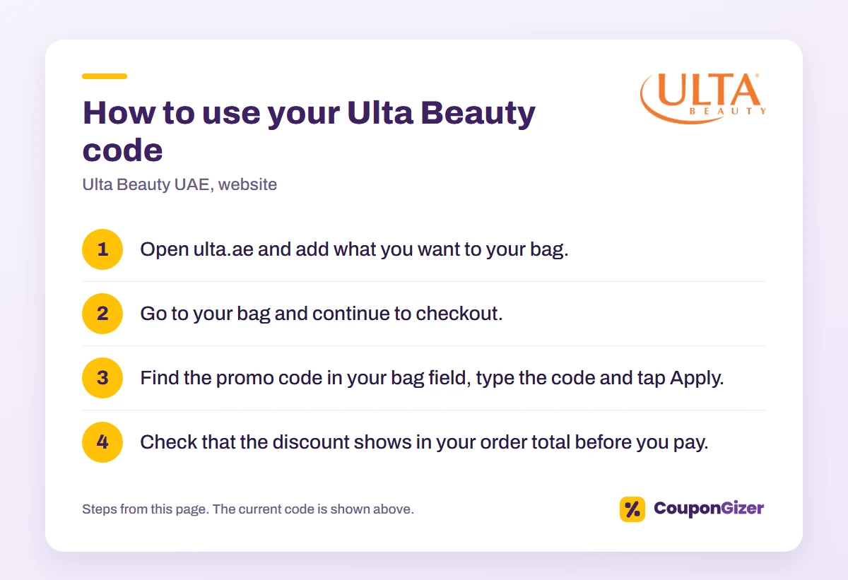 Ulta Beauty UAE code AC80: 10% off 1 How to use the Ulta Beauty UAE promo code AC80: 4 steps