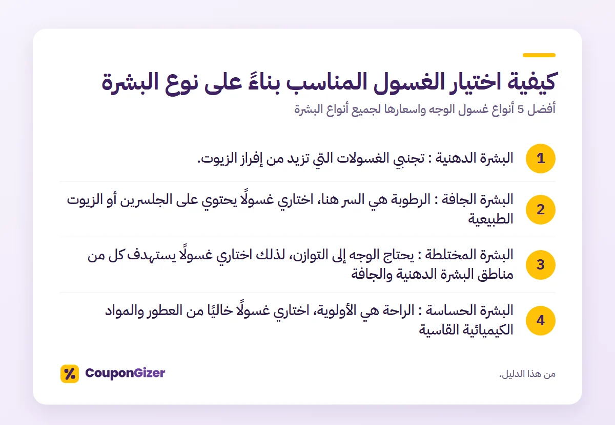 كيفية اختيار الغسول المناسب بناءً على نوع البشرة – أفضل 5 أنواع غسول الوجه واسعارها لجميع أنواع البشرة