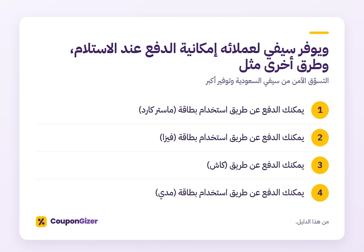 ويوفر سيفي لعملائه إمكانية الدفع عند الاستلام، وطرق أخرى مثل – التسوّق الآمن من سيفي السعودية وتوفير أكبر